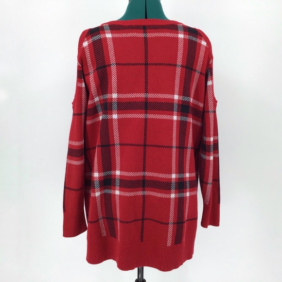 Love & Legend Red Tartan Cold Shoulder Sweater, 0X - Picture 7 of 16
